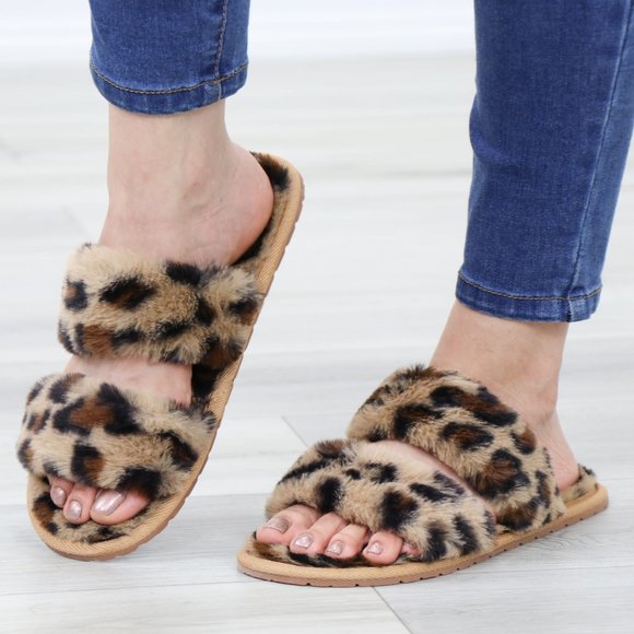 Shoes - Leopard Tan Puff Fuzzy Fluffy Slip On Plush Slippers Double Strap